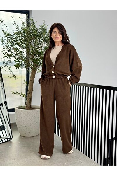 RAMONA BADESCU EXCLUSIVE Γυναικείο πλεκτό σετ με ριμπ ύφανση, ζακέτα με κουμπ...