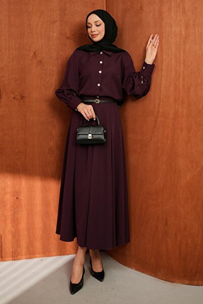 İmajButik Σετ πουκάμισο και φούστα με κουμπιά και ζώνη σε χρώμα δαμασκηνί