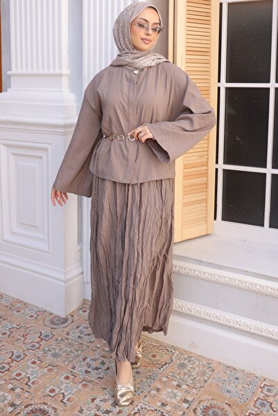 İmajButik Σετ πουκάμισο με λεπτομέρεια ζώνης αλυσίδας βιζόν και φούστα κρας