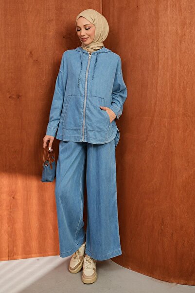 İmajButik Μπλε τζιν σετ με κουκούλα και παντελόνι