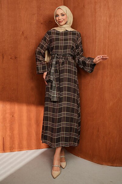 İmajButik Καφέ φόρεμα με καρό σχέδιο και σάλι