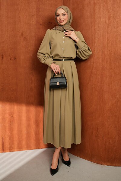 İmajButik Χακί Σετ Πουκάμισο με Κουμπιά και Ζώνη με Φούστα