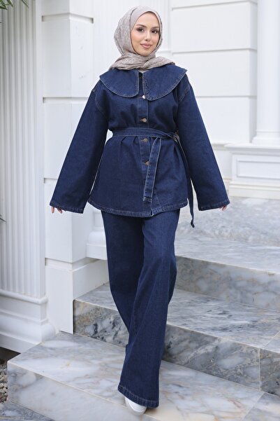 İmajButik Σκούρο μπλε σετ σακάκι με κουμπιά και παντελόνι με γιακά με μαντήλι