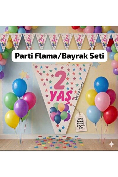 ÇEÇEN HOME Σετ 10 τεμαχίων Ροζ Τρίγωνο Σημαία Γενεθλίων 2 ετών με Σχέδιο Αστέ...