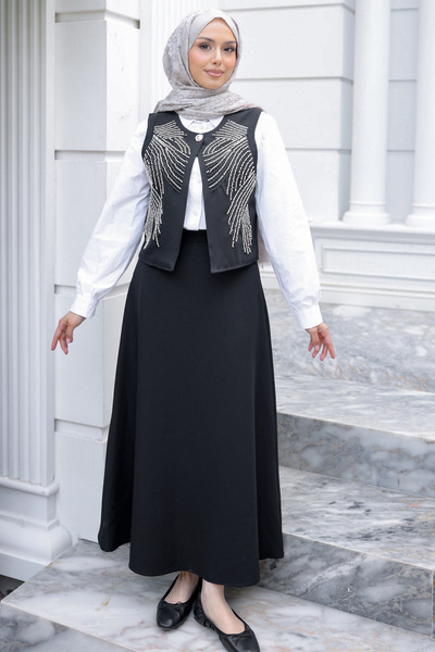 İmajButik Set combinat din 3 piese: cămașă neagră, vestă și fustă