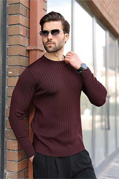 Madmext Μακρυμάνικο πουλόβερ με ριγέ λαιμόκοψη σε χρώμα μούρι E7273