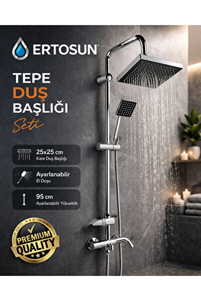 ertosun Gümüş Krom Kaplı Robot Duş Seti 25x25 Kare Tepe Duş 95 cm Ayarlanabil...