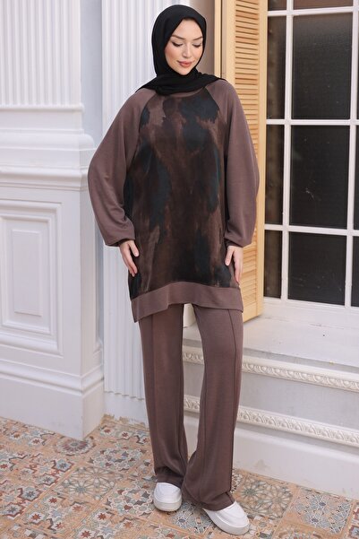 İmajButik Brown Tunic Zipper Detailed Pants Suit