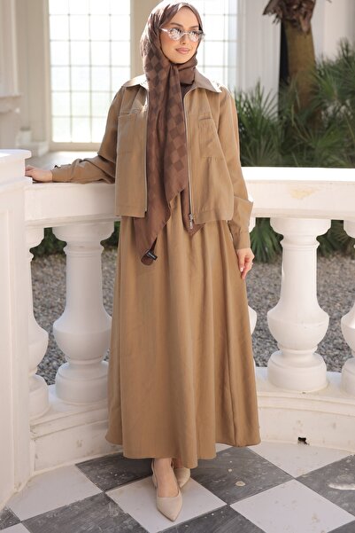 İmajButik Σετ μπουφάν με φερμουάρ και φούστα σε χρώμα καμηλό