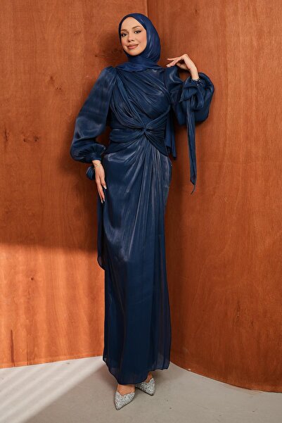 İmajButik Μπλε ναυτικό βραδινό φόρεμα από σιφόν με λεπτομέρεια στο μπροστινό ...