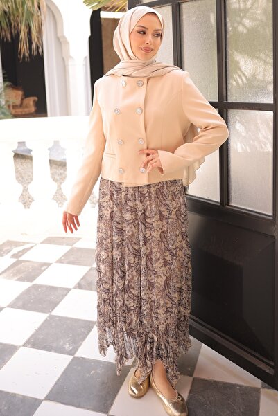 İmajButik Μπεζ φούστα με σιφόν σακάκι