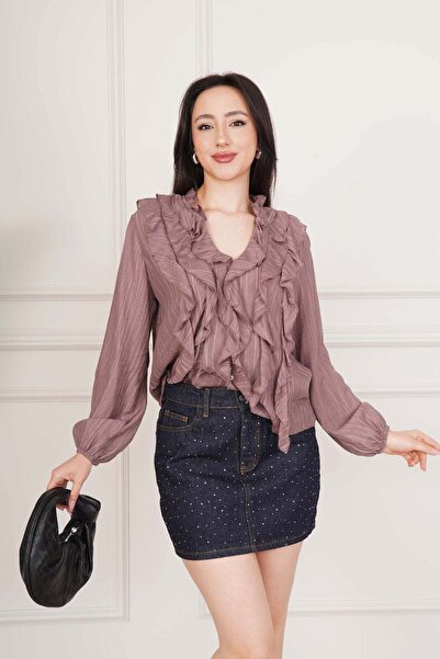 Hipo Trend Μακρυμάνικη καφέ μπλούζα με λεπτομέρεια βολάν