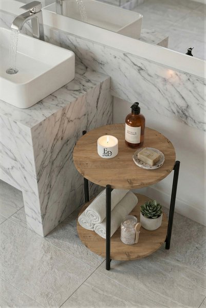 Generic Brand Bathroom Table, Decorative 2-Tier Shelf, Daisy Organizer, Black Metal - Atlantic Pine Top