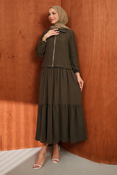 İmajButik Καφέ Σετ με Ζακέτα με Φερμουάρ και Φούστα με Στρώσεις