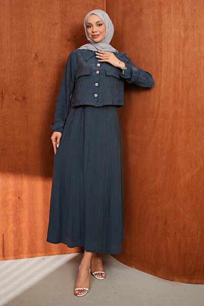 İmajButik Σετ Φόρεμα-Σακάκι Ναυτικό Μπλε Διπλό Συνδυαστικό Σετ