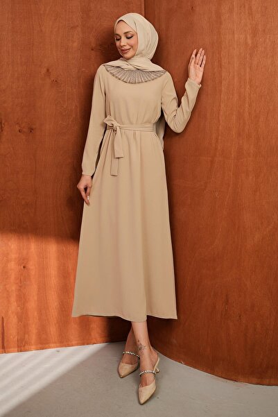İmajButik Μπεζ φόρεμα με γιακά και διακοσμητική ζώνη