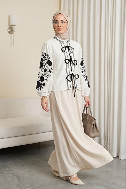 Modamorfo Lace front embroidery detailed balloon sleeve blouse - white