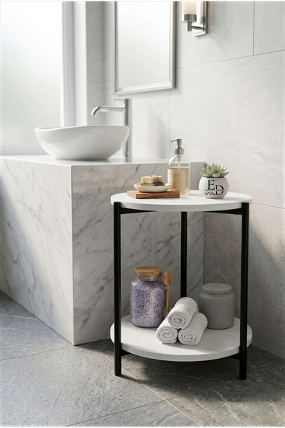 ED Efelez Design Bathroom Table, Decorative 2-Tier Shelf, Daisy Organizer, Black Metal - White Top