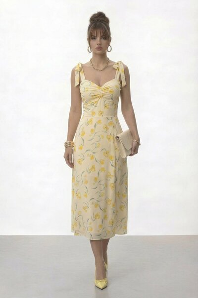 VAGGON Μίντι φόρεμα με τιράντες, κορδόνι στον ώμο και φλοράλ σχέδιο