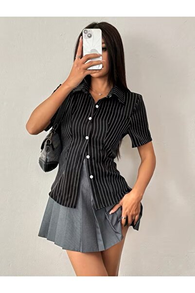 Toum Vintage Mini Striped Y2K Short Sleeve Shirt