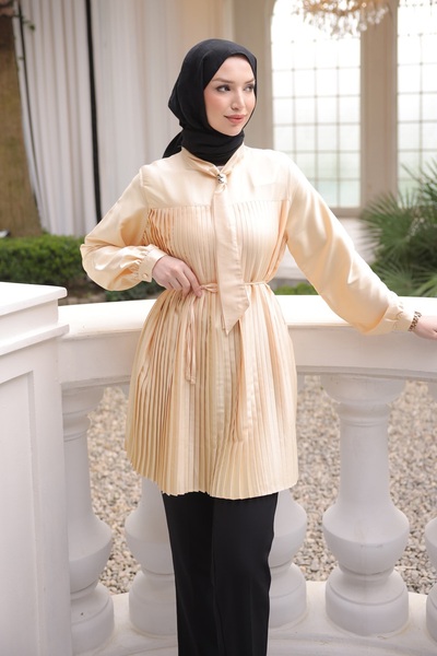 İmajButik Κίτρινο πλισέ τουνίκ με γιακά φουλάρι