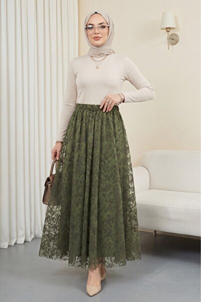 Modamorfo Ελαστική μέση, φούστα από τούλι με στάμπα και επένδυση -χακί