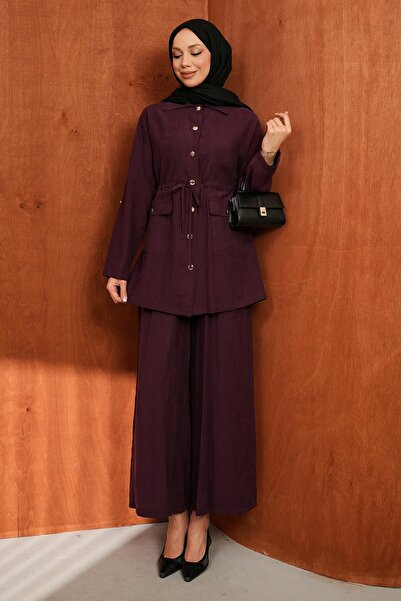 İmajButik Σετ παντελονιού τουνίκ με κορδόνι στη μέση και τσέρκι σε χρώμα δαμα...