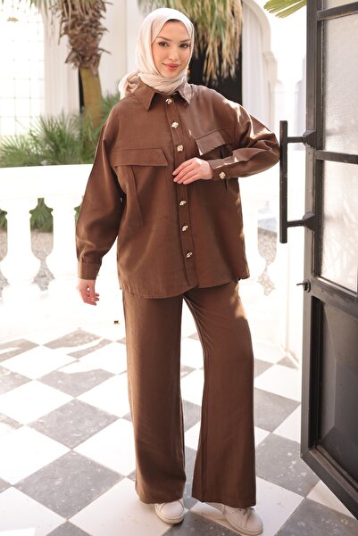 İmajButik Καφέ Σετ Τούνικ με Τσέπες και Παντελόνι από Τένσελ