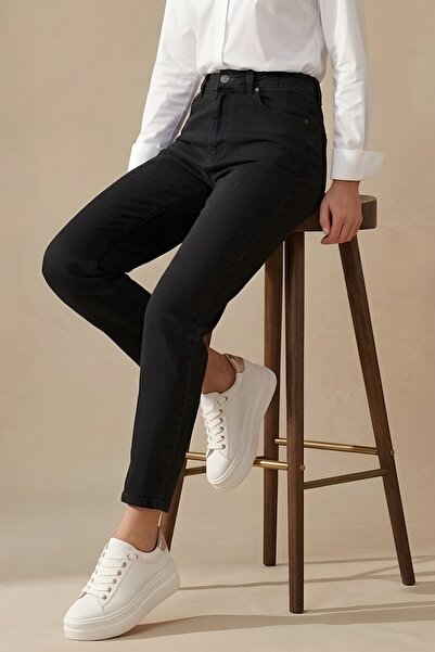 İmajButik Μαύρο ψηλόμεσο μαμά τζιν παντελόνι