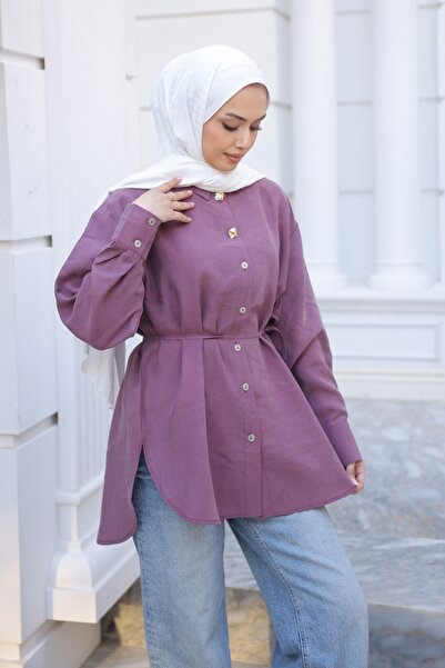 İmajButik قميص بأزرار وحزام خصر بلون البرقوق