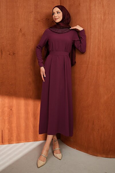 İmajButik Plum Collar Laced Belted Dress