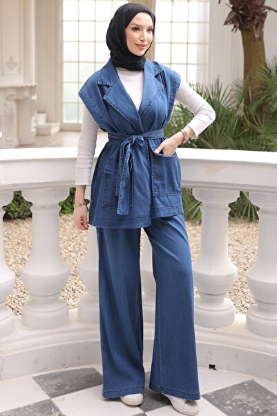 İmajButik Σετ τζιν Tencel με μπλε γιλέκο και παντελόνι