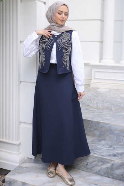 İmajButik Σετ 3 τεμαχίων με γιλέκο σε μπλε ναυτικό χρώμα, πουκάμισο και φούστα