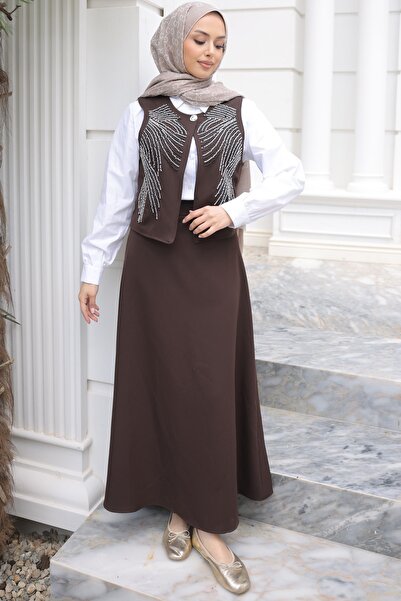 İmajButik Καφέ Γιλέκο, Πουκάμισο και Φούστα - Σετ 3 τεμαχίων