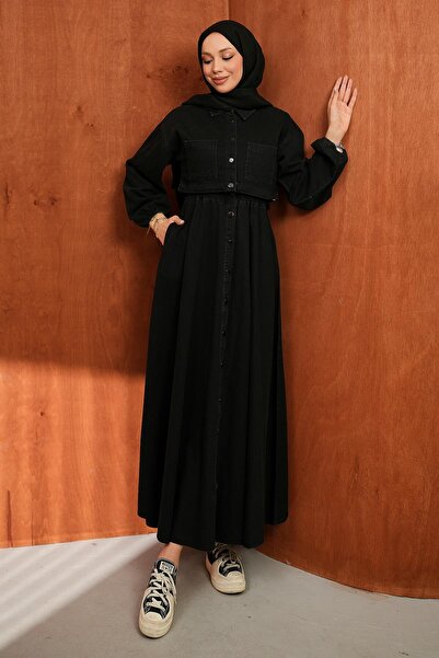 İmajButik Μαύρο Τζιν Φόρεμα με Συνδυασμό Μπουφάν