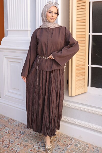 İmajButik Καφέ Σετ Πουκάμισο με Λεπτομέρεια Ζώνης Αλυσίδας και Φούστα Kraş