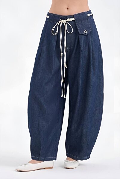 tw3 Γυναικεία τζιν με λεπτομέρεια ζώνης, σχέδιο Water Wash Balloon Fit