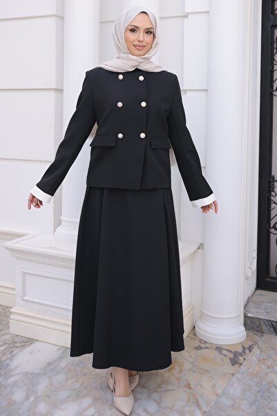 İmajButik Μαύρο Κοστούμι Κρεπ με Σακάκι και Φούστα