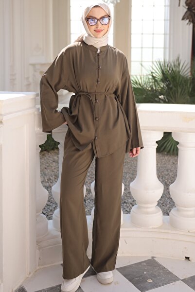 İmajButik Χακί Σετ Τουνίκ με Φαρδιά Μανίκια και Δέσιμο στη Μέση με Παντελόνι