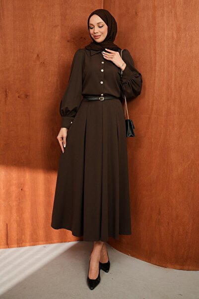 İmajButik Καφέ Σετ Πουκάμισο με Κουμπιά και Ζώνη με Φούστα