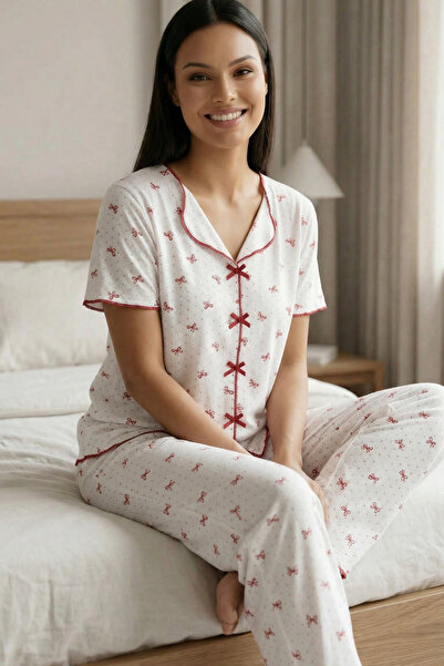 C&City Σετ πιτζάμες με λεπτομέρεια φιόγκου, μαλακό κοντομάνικο φιόγκο