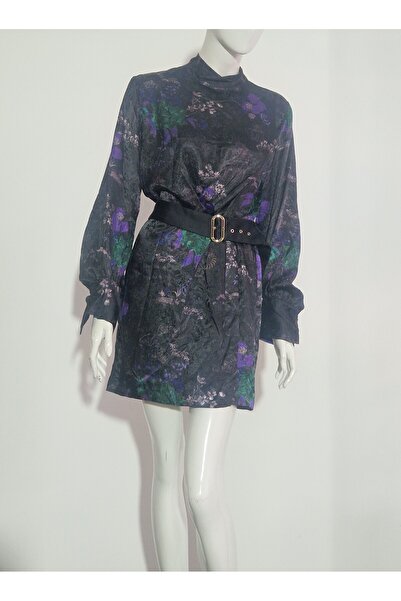 FASHION Μαύρο σατέν φόρεμα, φλοράλ σχέδιο