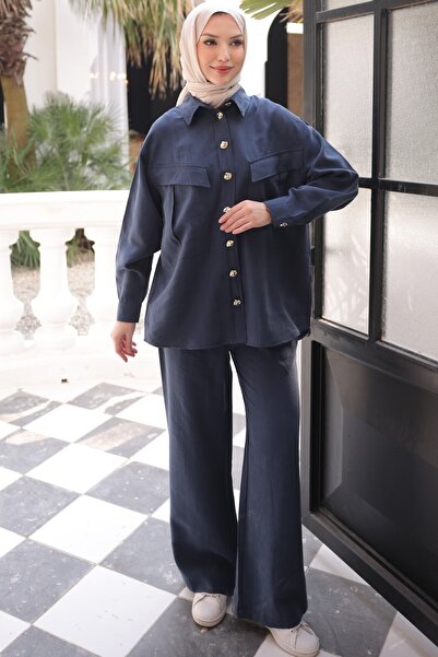 İmajButik Set Tencel albastru marin cu tunică și pantaloni cu buzunare