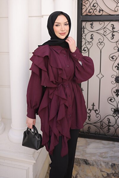 İmajButik Πουκάμισο με κουμπιά σε χρώμα δαμασκηνί και κορδόνια σε σχέδιο βολάν