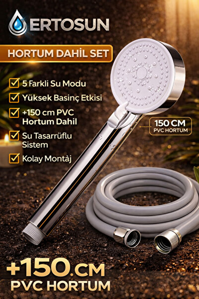 ertosun Duş Başlığı 5 Fonksiyonlu Yüksek Basınçlı +150 cm PVC Hortum Su Tasar...