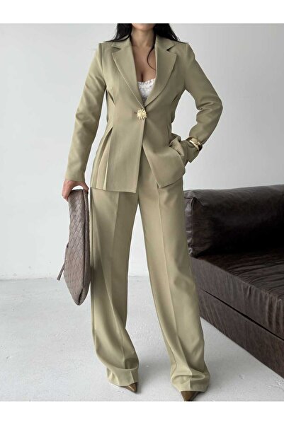 Moda İkra Blazer Jacket Wide Leg Pants Set Gold Button Detail