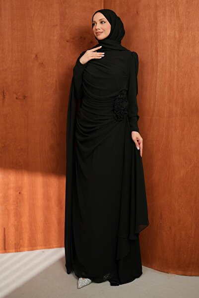 İmajButik Μαύρο βραδινό φόρεμα με ντραπέ μπροστά στο μέτωπο, σε μεγάλο μέγεθος