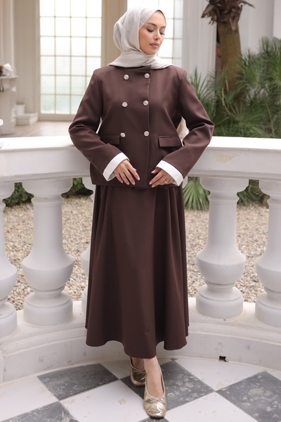 İmajButik Καφέ Σακάκι με Φούστα Σετ Κρεπ