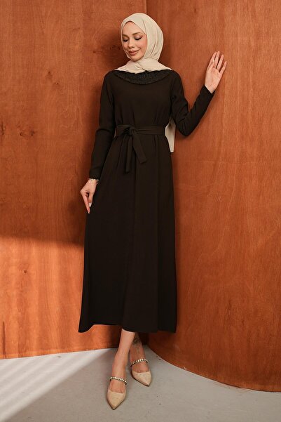 İmajButik Καφέ φόρεμα με γιακά και δετή ζώνη