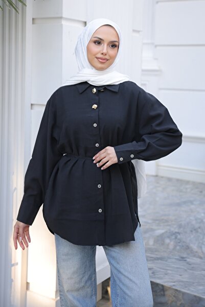 İmajButik Μαύρο πουκάμισο με κουμπιά και δέσιμο στη μέση